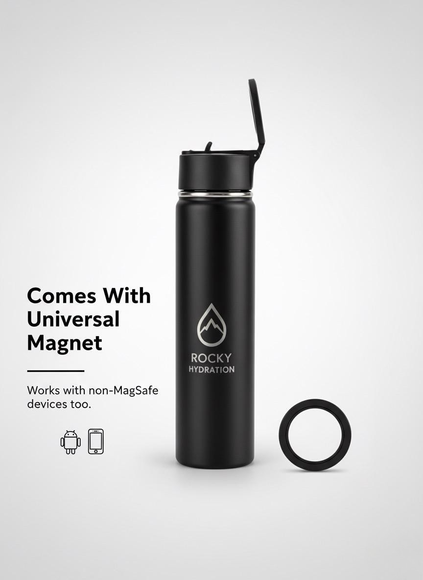 Black Active Flow Bottle by Rocky Hydration – Designed in Canada with universal magnetic phone holder and 12H hot/cold retention”