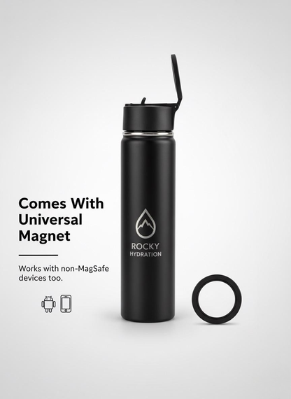 Black Active Flow Bottle by Rocky Hydration – Designed in Canada with universal magnetic phone holder and 12H hot/cold retention”