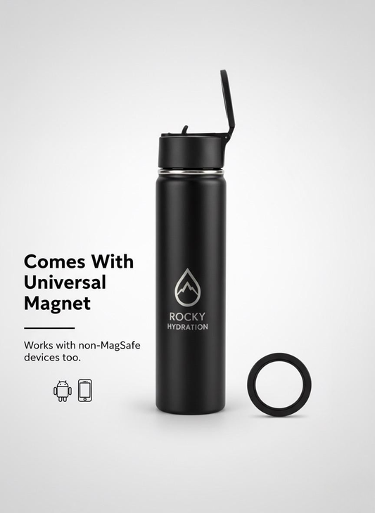 Black Active Flow Bottle by Rocky Hydration – Designed in Canada with universal magnetic phone holder and 12H hot/cold retention”