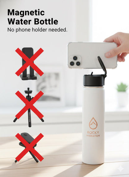 White water bottle with phone holder attachment on a light surface, with 'Rocky' branding.