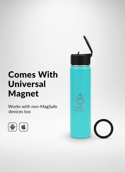 “Aqua Green Active Flow Bottle – Reusable hot and cold stainless steel water bottle by Rocky Hydration featuring universal magnetic mount”