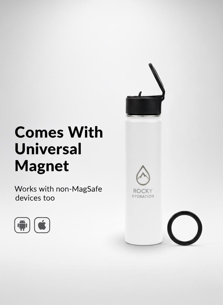 “White Active Flow Bottle by Rocky Hydration – Leakproof stainless steel bottle designed in Canada with magnetic phone holder and thermal insulation”