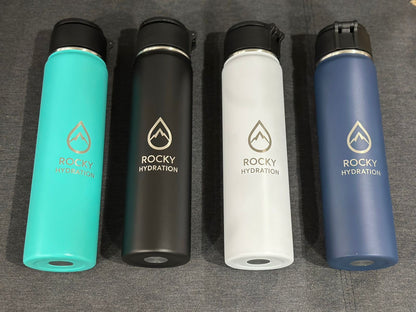 Four Rocky Hydration water bottles in different colors on a gray background