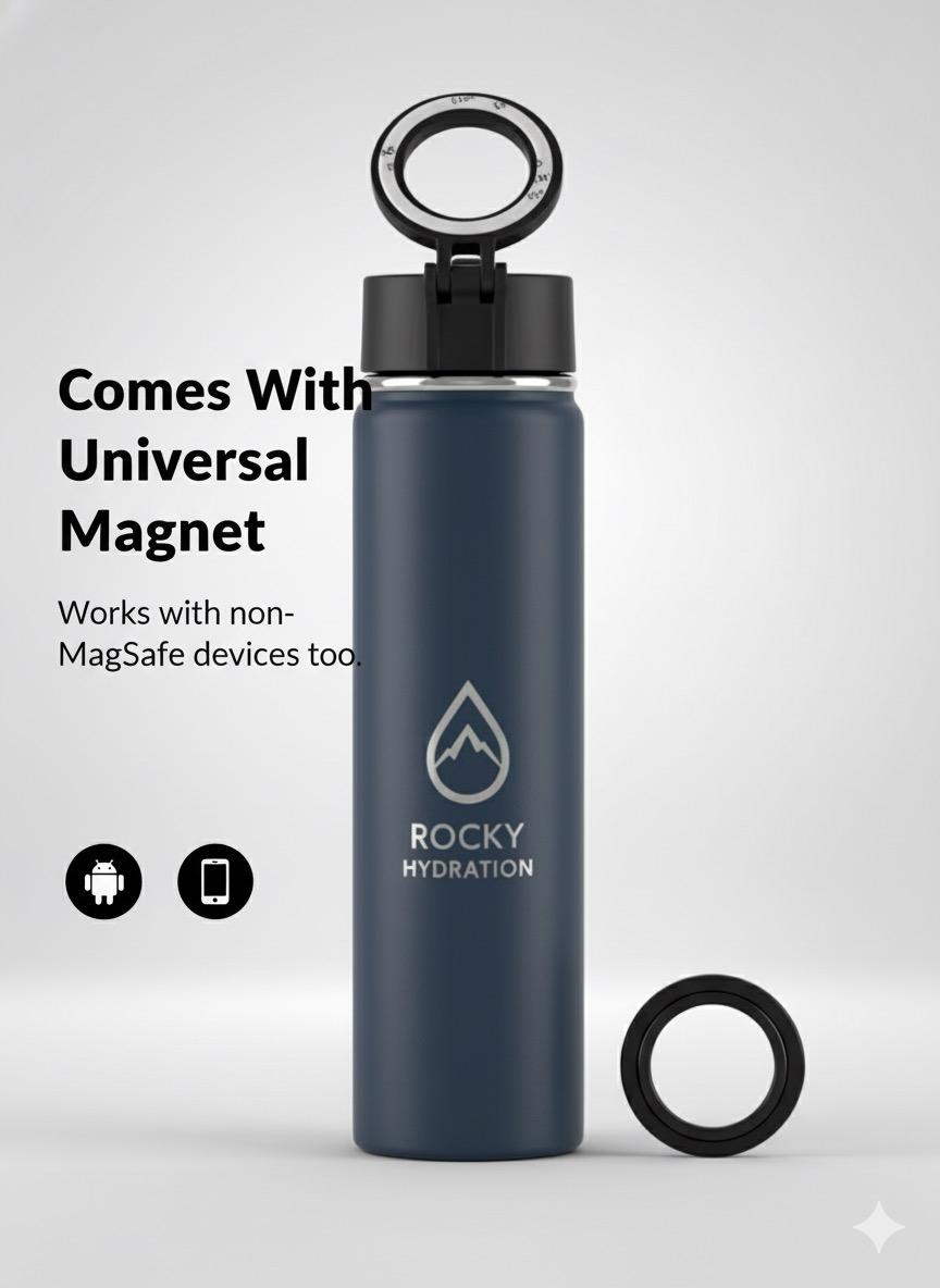 “Navy Blue Active Flow Bottle – Premium stainless steel insulated water bottle by Rocky Hydration, with universal magnet and leakproof lid”