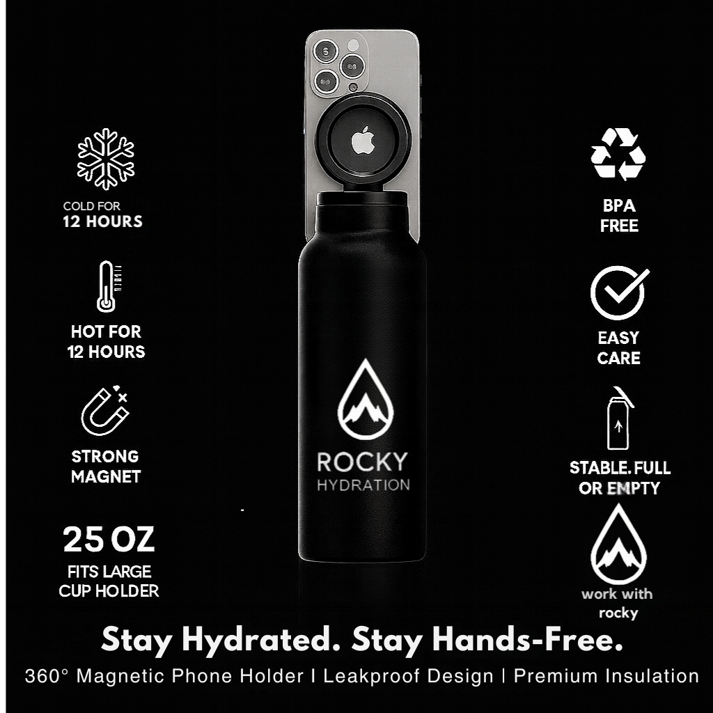 Black water bottle with Rocky Hydration branding and features listed on a black background